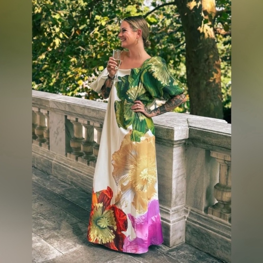 STINE GOYA payton dress poppies bloom floral Puff Sleeve Maxi Long L Large
